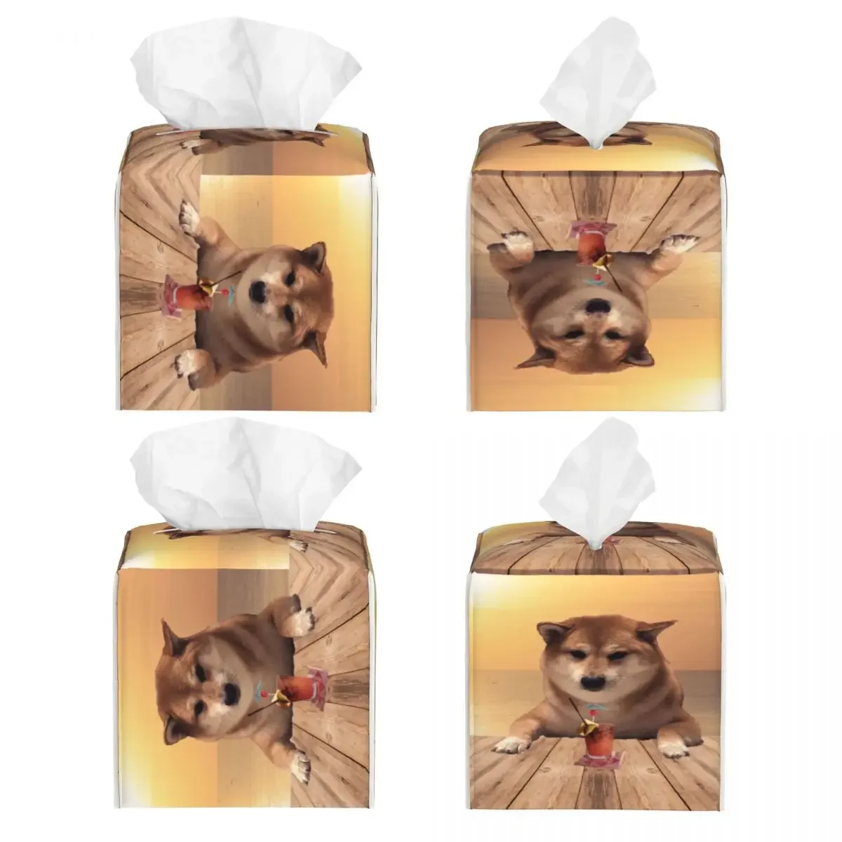 Custom Cheems On The Vacation Facial Tissue Box Cover Square Shiba Inu Doge PU Leather Tissue Box Holder for Car Office