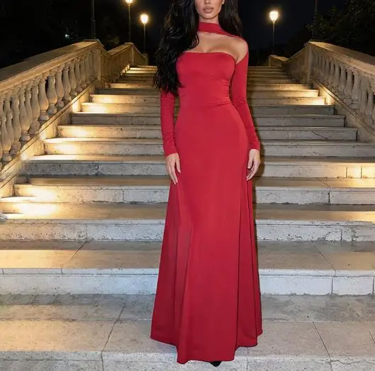 

Winter 2025 Women's Strapless Slim Fit Dress Solid Color Long Sleeved Waist Cinching Fashionable Sexy Gown