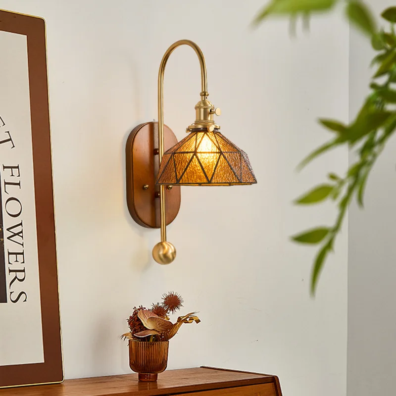 Japanese Minimalist Art Copper Wall Lamp Walnut Wood for Bedroom Bedside Background Homestay Creative Sconce Decor