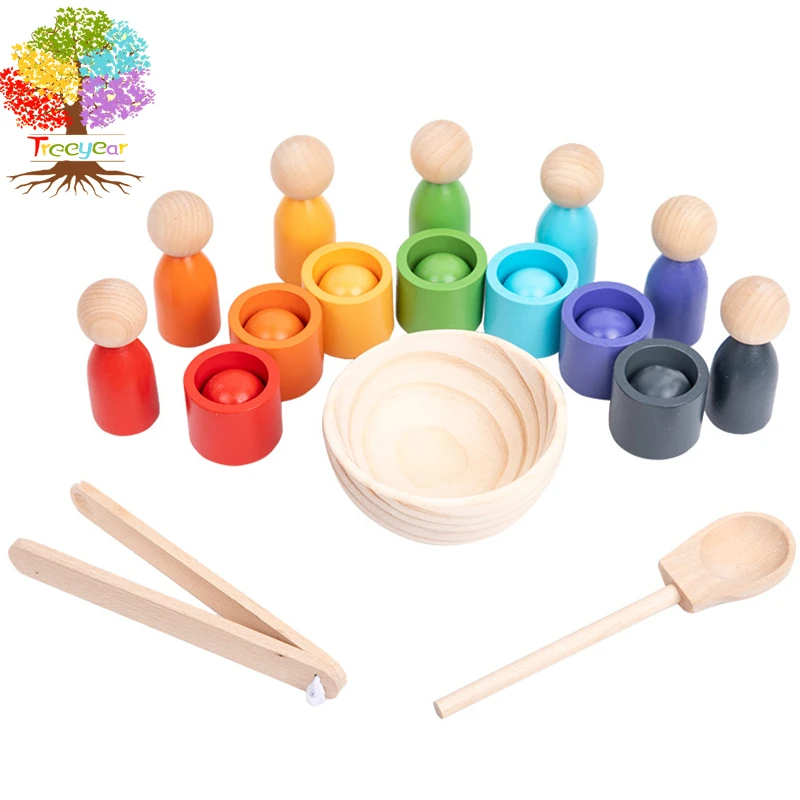 Treeyear Wooden Peg Dolls Game Rainbow Color Sorting Toys 7 Pcs Dolls with Cups Matching Game Montessori Toy for Toddlers