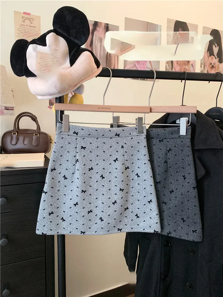 

Женская шерстяная юбка с бантом, осень-зима 2021, мини-юбки трапециевидной формы с высокой талией, милые корейские ретро Y2k Faldas