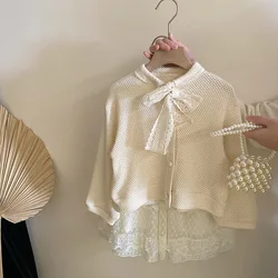 Korean Childrens Clothing Set for Spring 2025 New White Knitted Cardigan Lace Lace Short Skirt Set