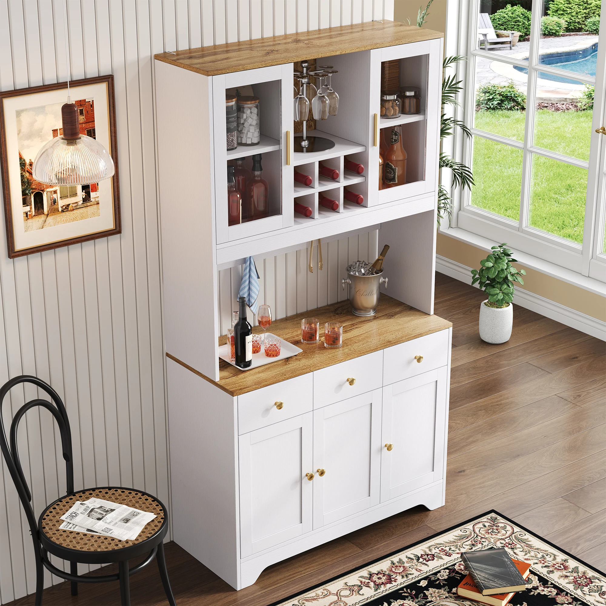 Buffet de rangement avec 5 portes, 3 tiroirs et étagères ouvertes, finition grain de bois blanc avec dessus brun, portes vitrées en acrylique, charnières à fermeture amortie, 94,5 x 30 x 175,5 cm, style rustique pour salon et salle à manger