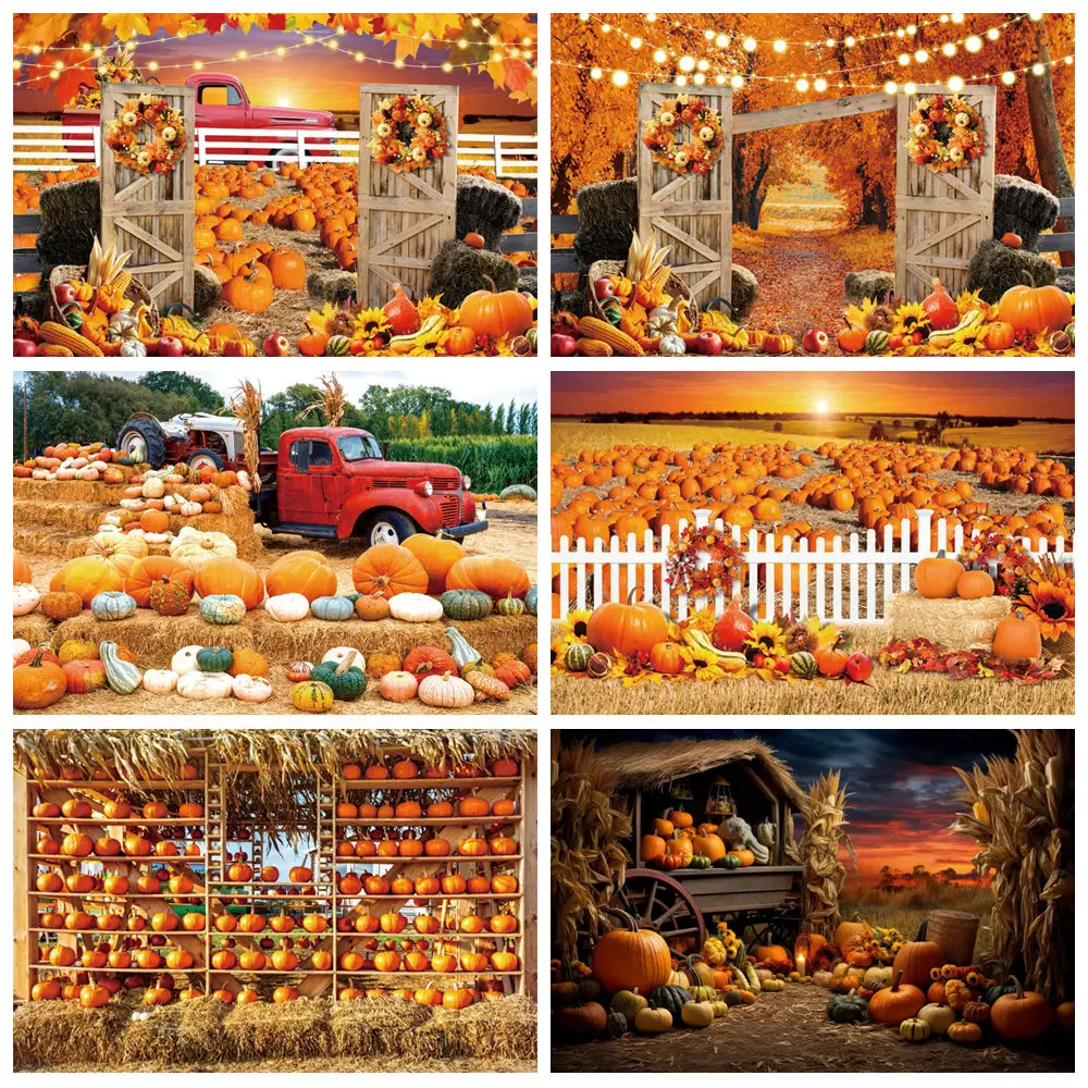 Fall Harvest Pumpkin Photography Backdrop Autumn Farm Barn Maple Leaves Haystack Thanksgiving Party Baby Shower Photo Background