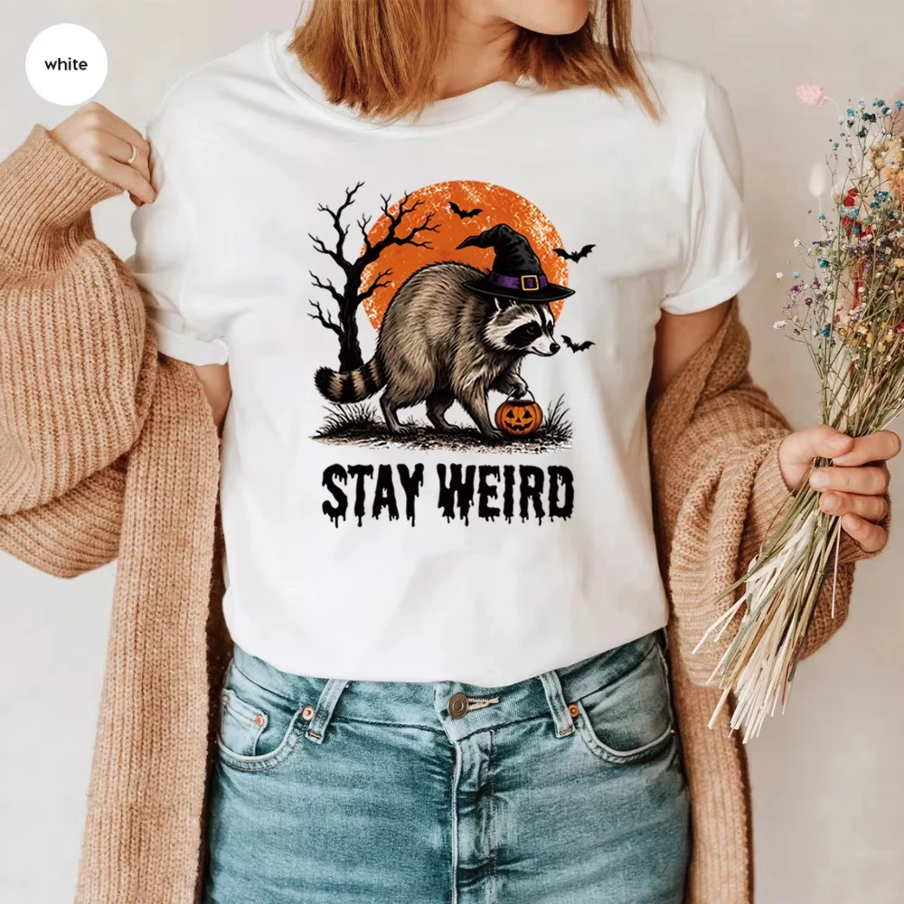 Viral Raccoon Meme T-shirt Stay Weird Jimothy Raccoon Halloween Tshirt Witch Raccoon Graphic Tee Spooky Pumpkin Fall Tees Tops