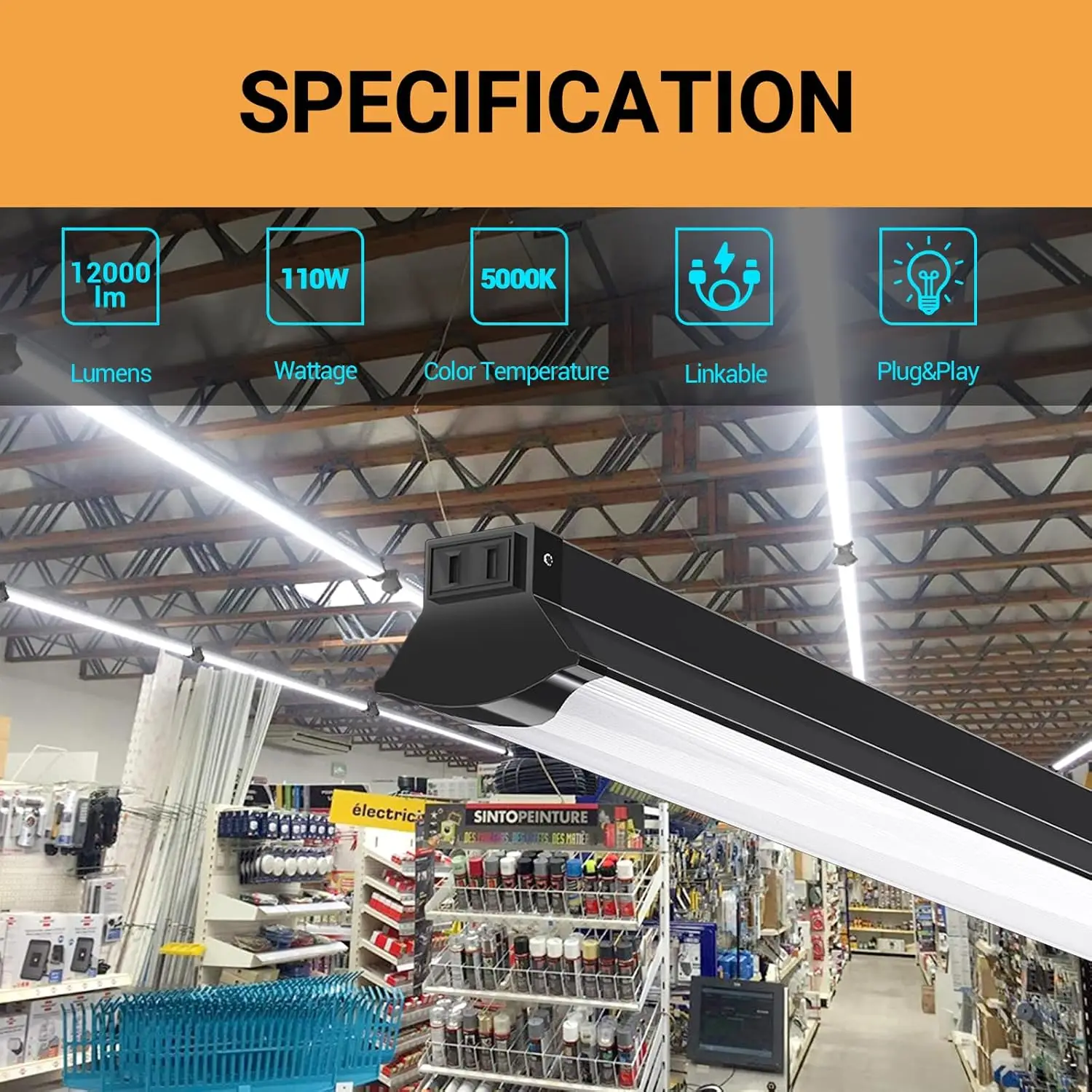 LED Shop Light, 110W, 12000 LM [Eqv.350W Fluorescent] 5000K, 8 Foot LED Fixture for Garage