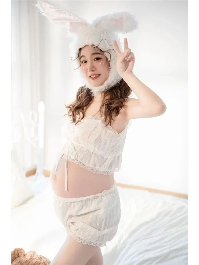 Women Photography Props Maternity Dresses White Bunny Hat Pregnancy Dress Studio Shoot Photoshoot Photo Clothes