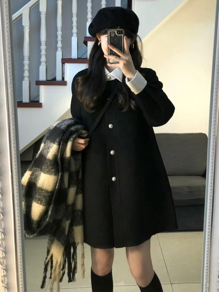 

Ele Color Blo шерстяное пальто женское осенне-зимнее новое воротник миди длина Fraance Sle Jaet корейская версия