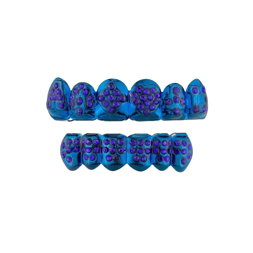 Trendy Glossy Finish Teeth Grillz Top Bottom Set Eco-friendly Copper Shiny Teeth Grillz Caps Blue Anti Slip Teeth Jewelry Party
