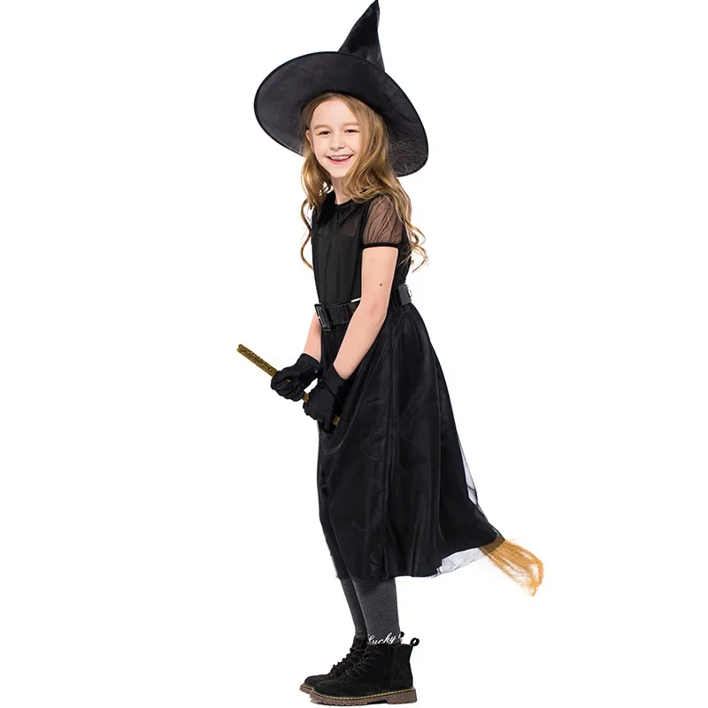 Halloween Cosplay Hexenkostüm Schwarze Gaze Kleines Hexenkleid für Mädchen