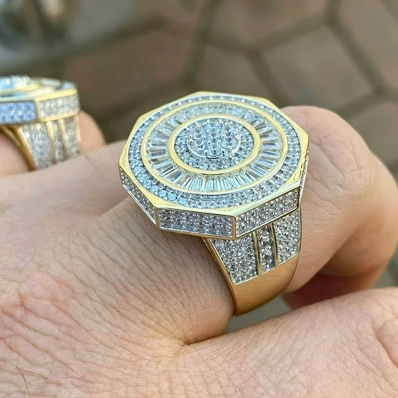 Huitan Modern Octagonal Rings for Men Women Micro Paved Geometric Cubic Zirconia Silver Color/Two Tone Party Statement Jewelry
