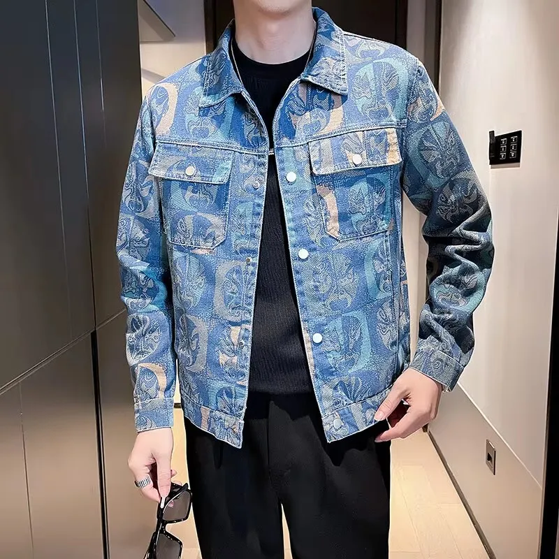 2026 Men\'s Red Printed Denim Jacket, Single Breasted Square Collar Coat, White Blue Trim, Asian Size M-4XL