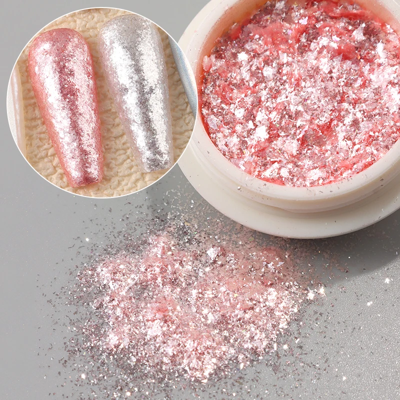 2 Box Pink White Crystal Opal Nail Powder Flakes Sparkling Ultra Thin Foils Iridescent Mermaid Chrome Mica Glitter Nail Decor