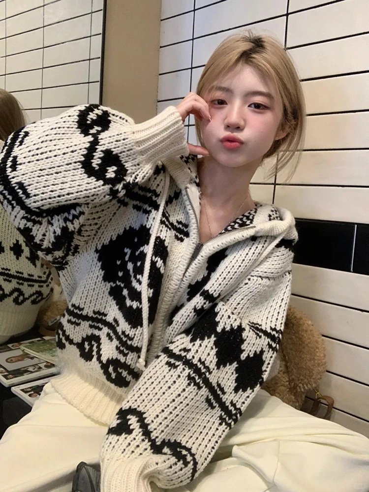 [oein] 2024 Defeated High Difficulty Stick Needle Large Sweater Loose Thick Lazy Casual Black And White Knitted Coat