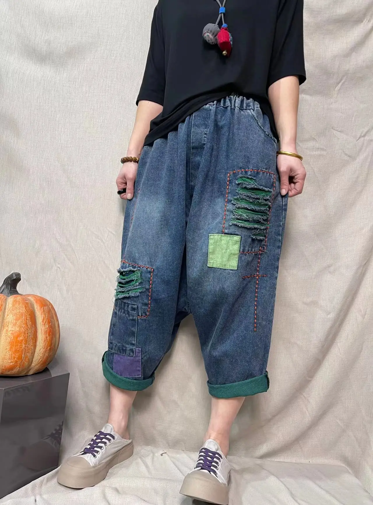 Baggy Cowboy Cross-pants Women Low Drop Crotch Jeans Hippie Vintage Loose Ripped Hole Sagging Street Dance Wide Leg Joggers