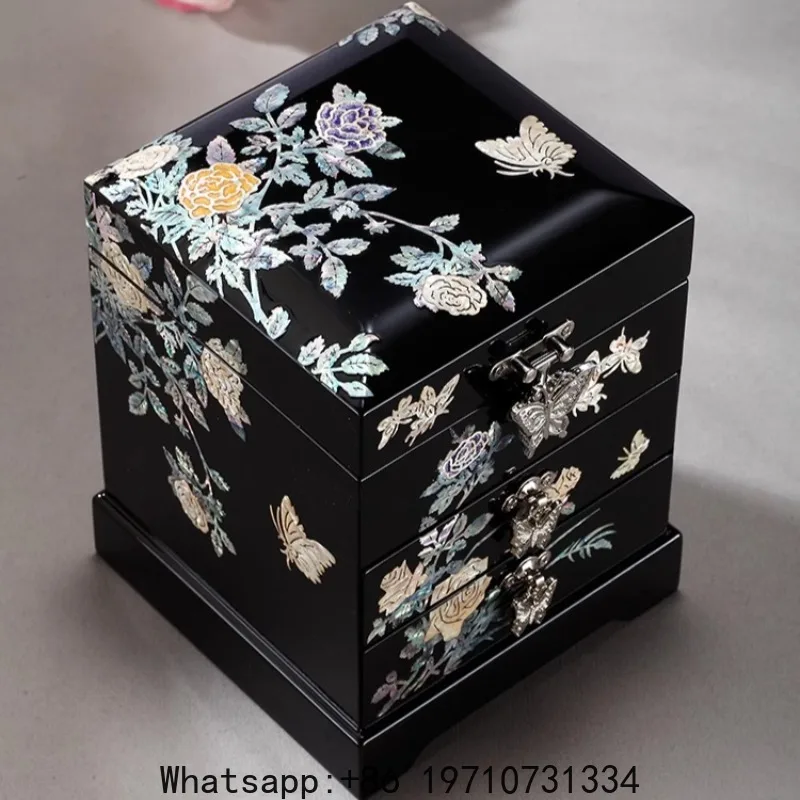 

Lacquer Jewelry Box Mother of Pearl Inlay Wooden Multi Layer Chinese Style Wedding Gift