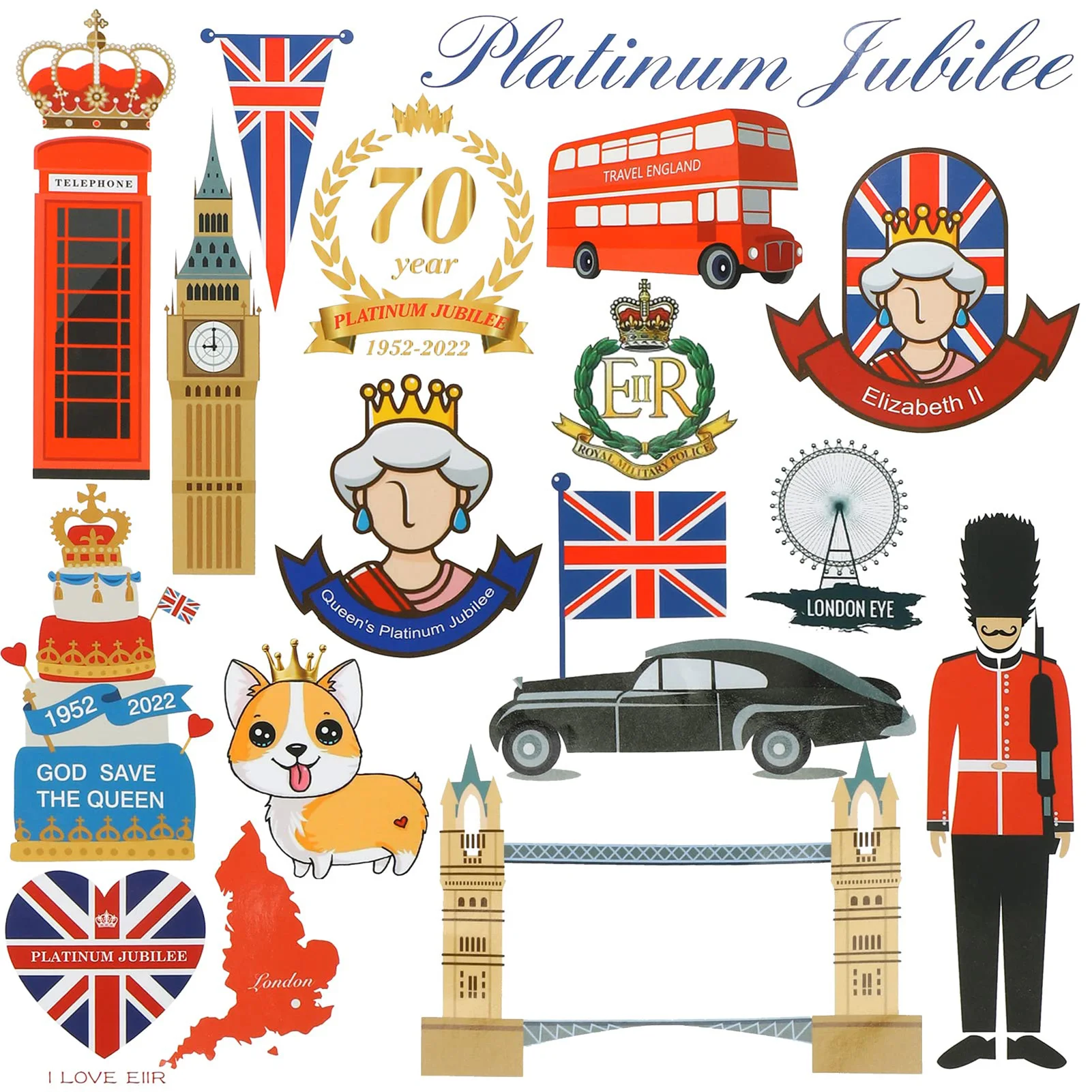 57 Pieces Union Jack Decorations Sticker 70th Queen's Jubilee 2022 Patriotic Party Decorations United Kingdom London Waterproof