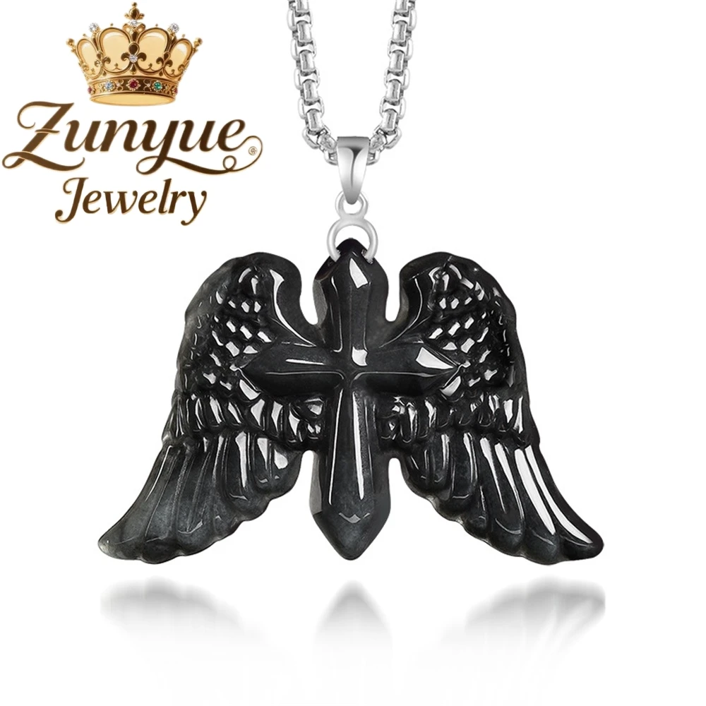 

S925 Silver Set With Natural Myanmar Genuine Ice-Grade Black Jadeite Angel's Wing Cross Pendant Exquisite Amulets And Mascots