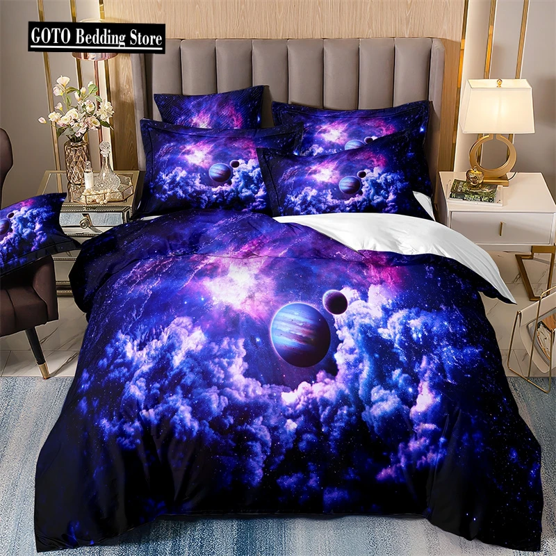 

Starry Sky Bedding Set for Boys, Quilt Cover and Pillowcases, Double Duvet Cover Set, Luxury Bedding Set, Galaxy, 135x200 purple