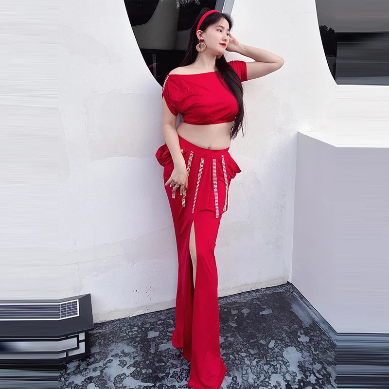 

2024 New Belly Dance Dress Short Sleeve Top+Light Luxury Hot Diamond Split Skirt Performance Dress Oriental Dance Practice Dress
