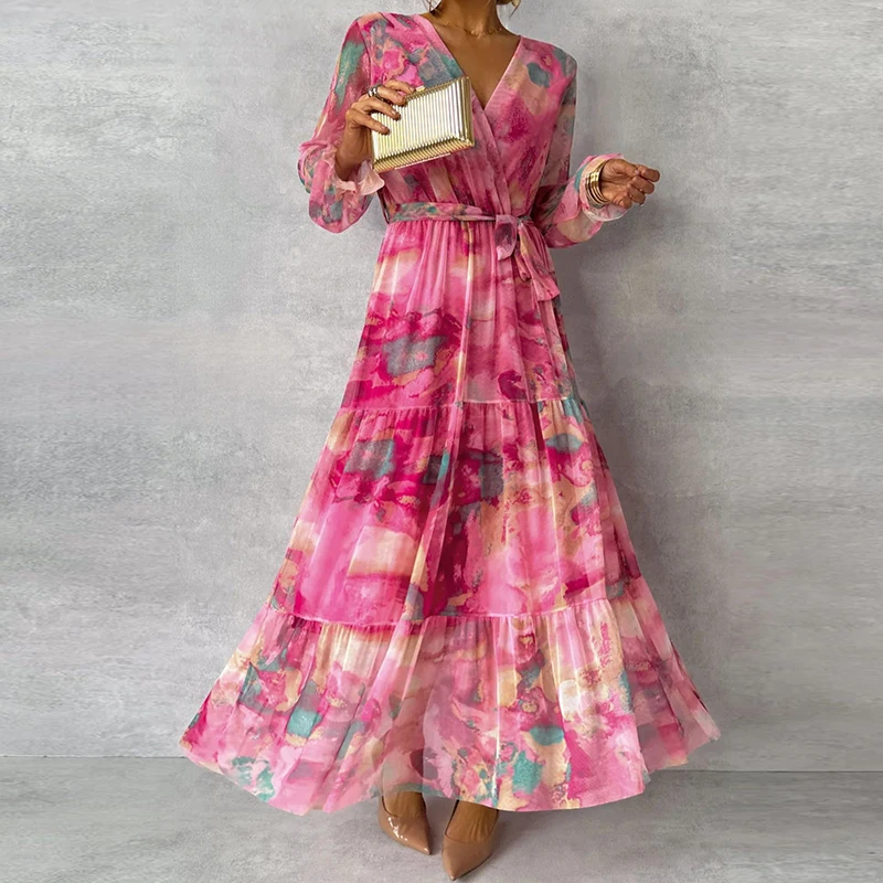 Spring Long-sleeved Floral Print Boho Dress Women Elegant V Neck Pleated Long Dress Summer High-waisted Belted A-Line Maxi Dress