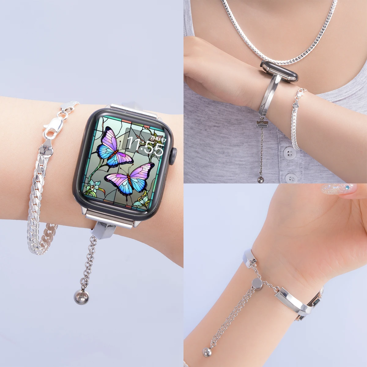 

2 шт. ремешок + браслет для Apple Watch ремешок Ultra 10 8 9 SE 7 6 женское ожерелье металлический ремешок браслет для iWatch 46 мм 45 42 49