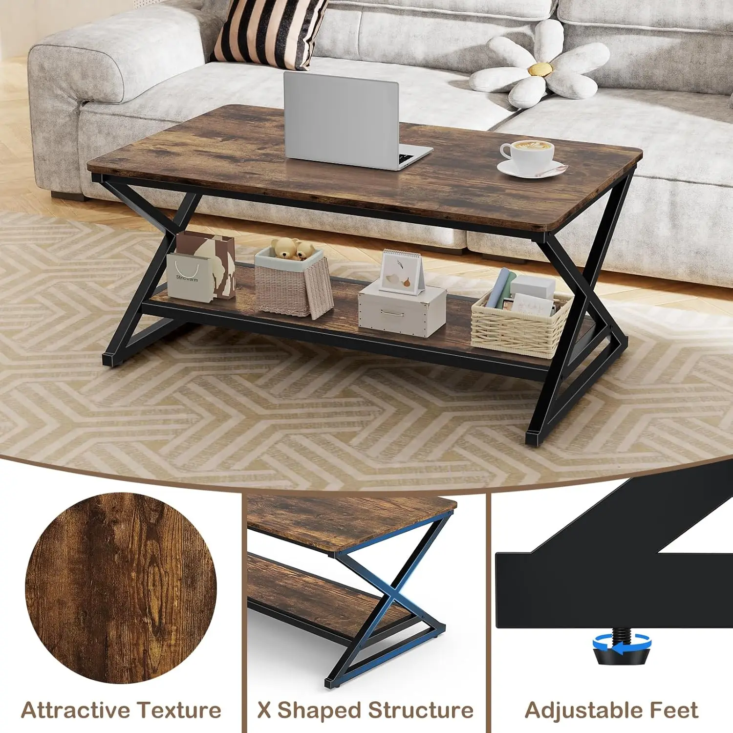 39 Inch Rustic Industrial Coffee Table - 2-Tier Rectangle Farmhouse Minimalist Table with Storage Shelf & Round Corners