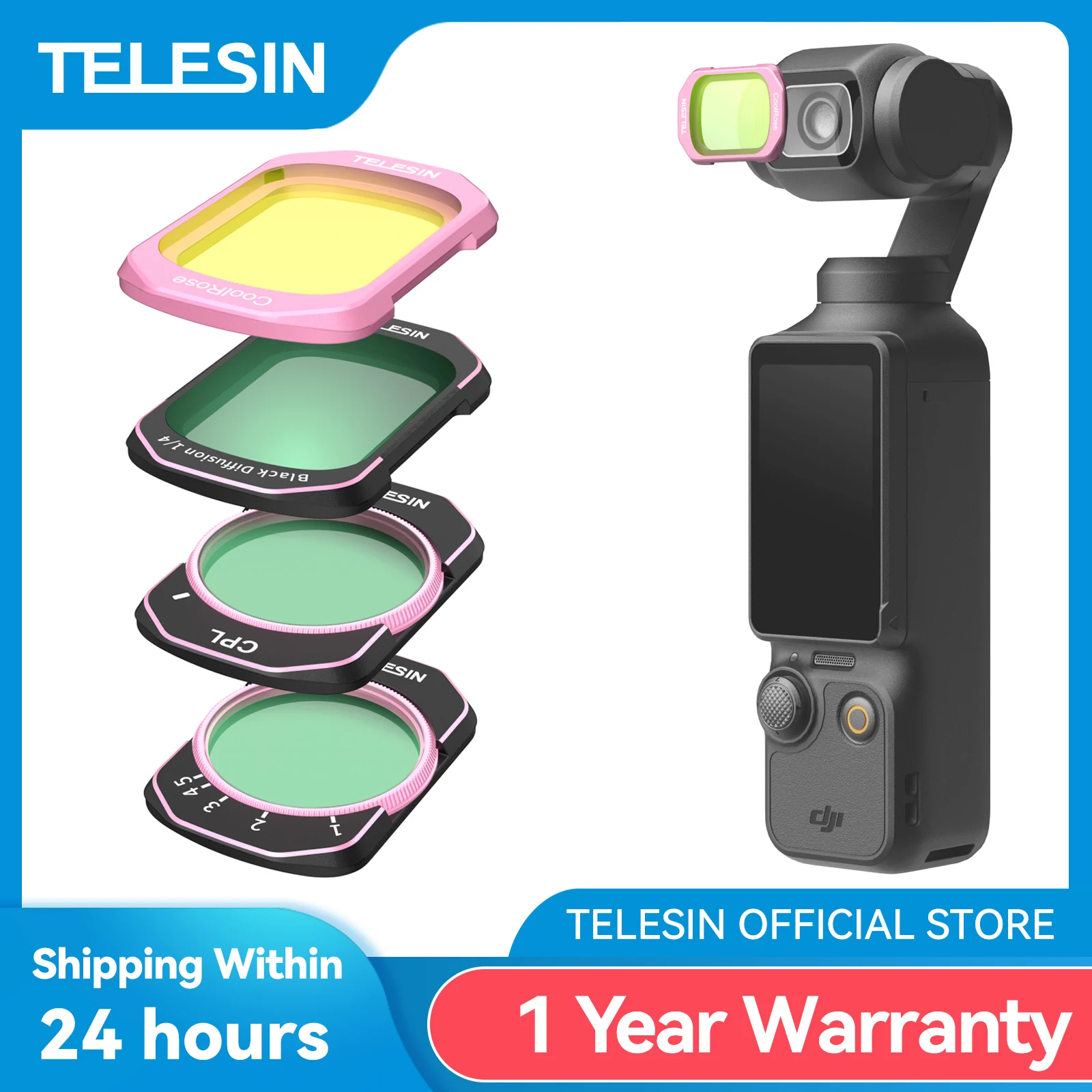 

TELESIN Camera Filter Kit Set For DJI Pocket 4 3 CPL VND Black Diffusion 1/4 Cool ROSE Wide Angel HD Opitical Glass Lens Filter