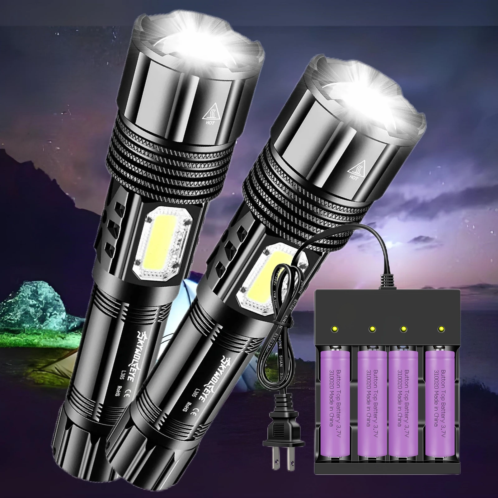 

2pc COB Side Light Rechargable Led Flashlight Set 5 Working Modes Waterproof Torch 4 Slot Battery Charger for Camping Hiking