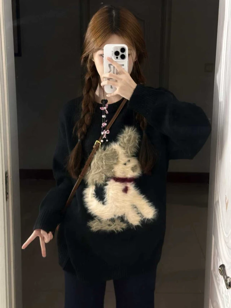 2025 nueva moda coreana, suéteres de Jacquard con dibujos de perros, Jersey holgado informal de otoño e invierno para mujer, suéter de punto, Tops de gran tamaño