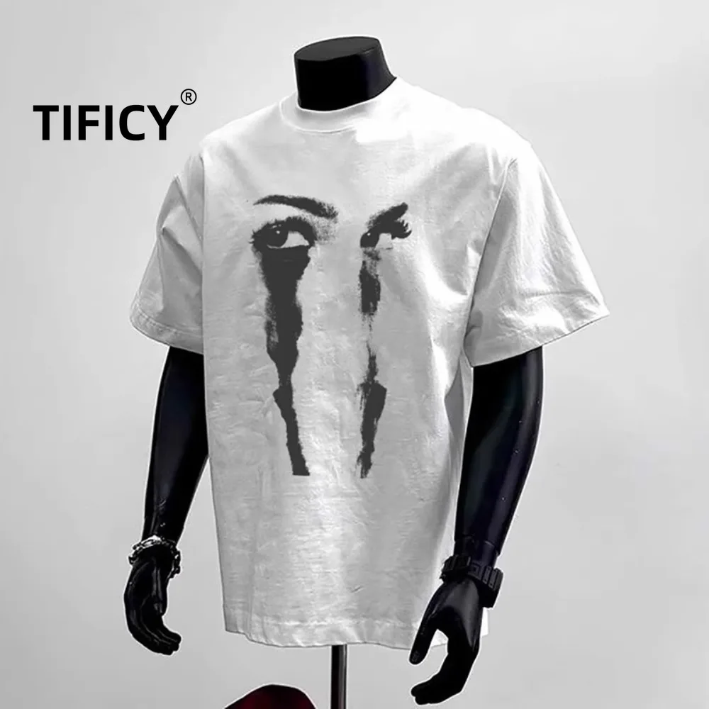 Hip Hop Facial Print Cotton Tees Short Sleeved T-shirt Men Loose and Versatile Heavyweight Breathable Sleeve T Shirt Tops