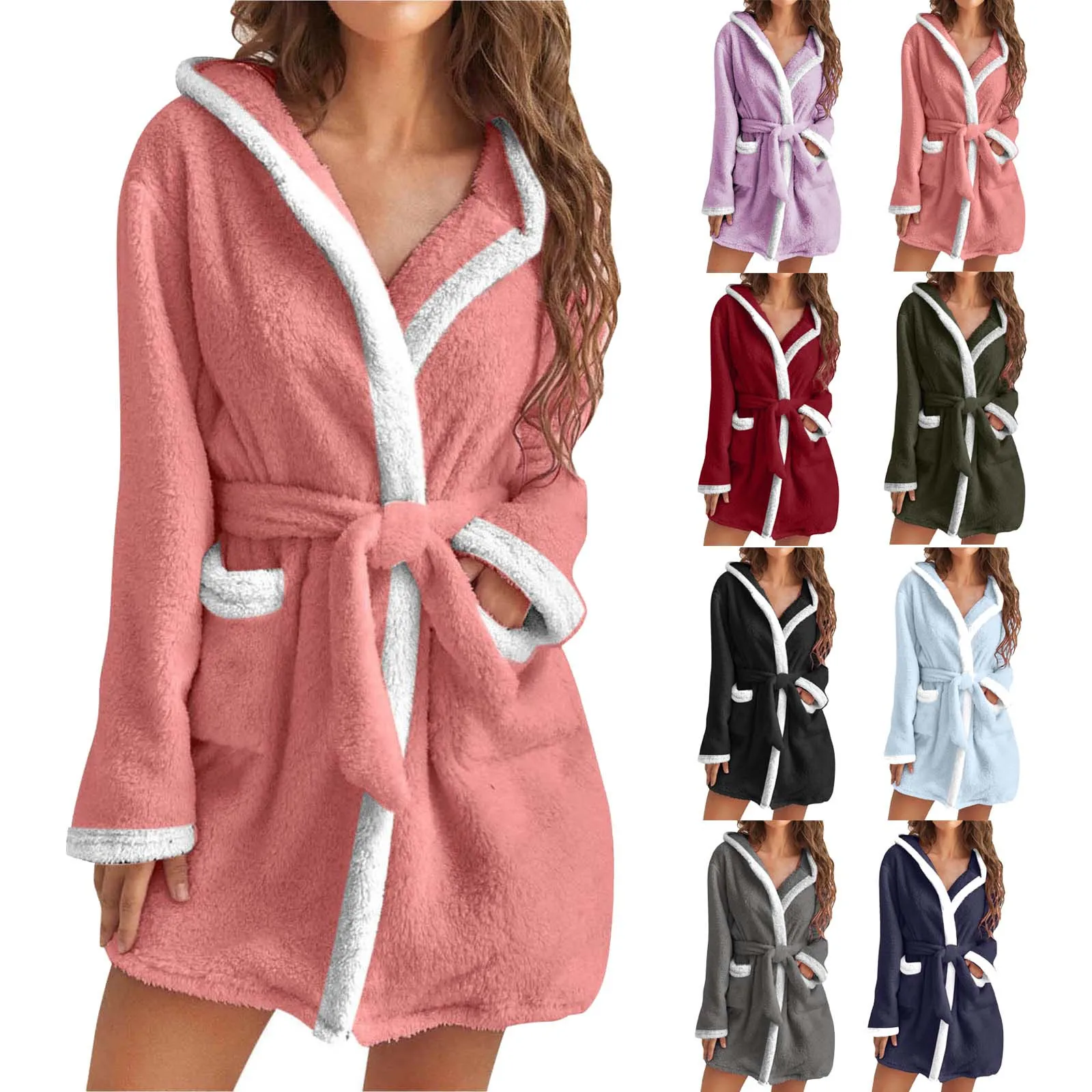 Women Winter Casual Plush Robe Solid Color Matching Double Pocket Strappy Nightgown Fuzzy Bathrobe Coats For Women Home Clothed