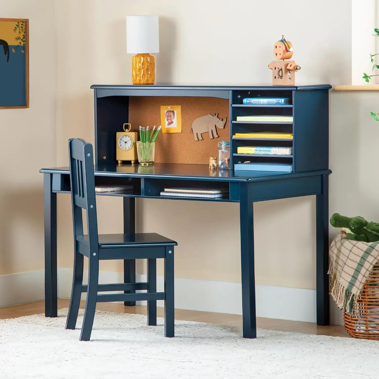 Kids Media Desk and Chair Set - Navy: Student's Workstation with Storage, Wooden Writing Table with Hutch and Shelves for Kids B