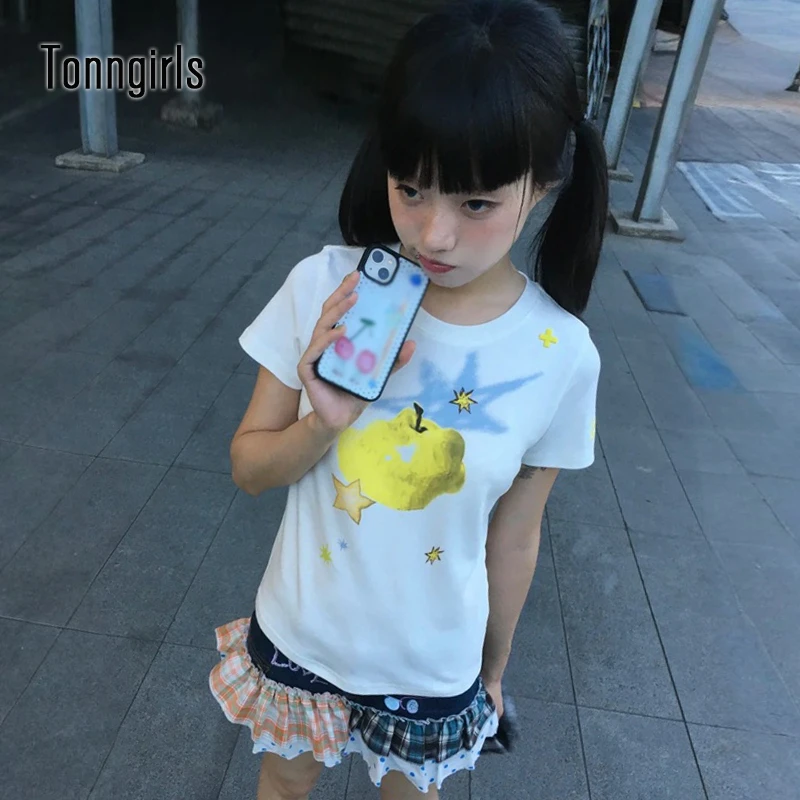 

Tonngirls женская футболка с принтом Харадзюку, тонкие топы с короткими рукавами и графическим рисунком Y2k, винтажные градиентные футболки 2000-х годов, эстетические футболки E-girl