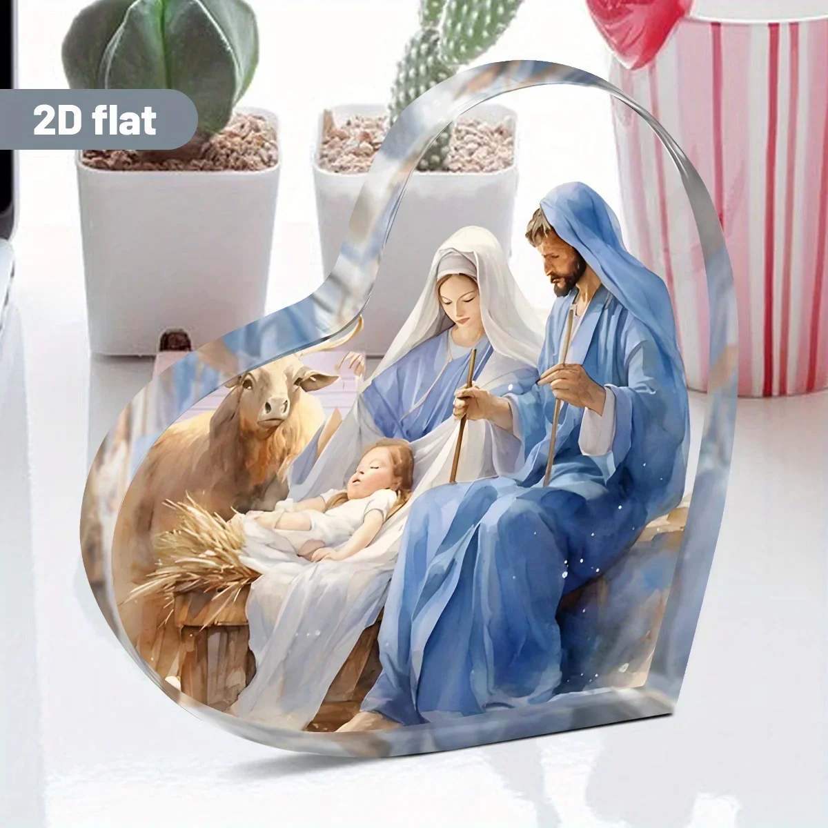 Holy Family Nativity Scene Heart Acrylic Plaque Watercolor Christian Desktop Decor