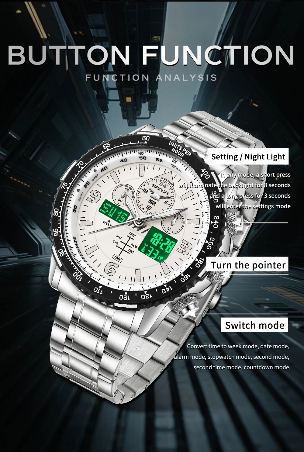 SANDA 6362 Fashion Men's Watch Electronic Quartz Dual Display 5ATM