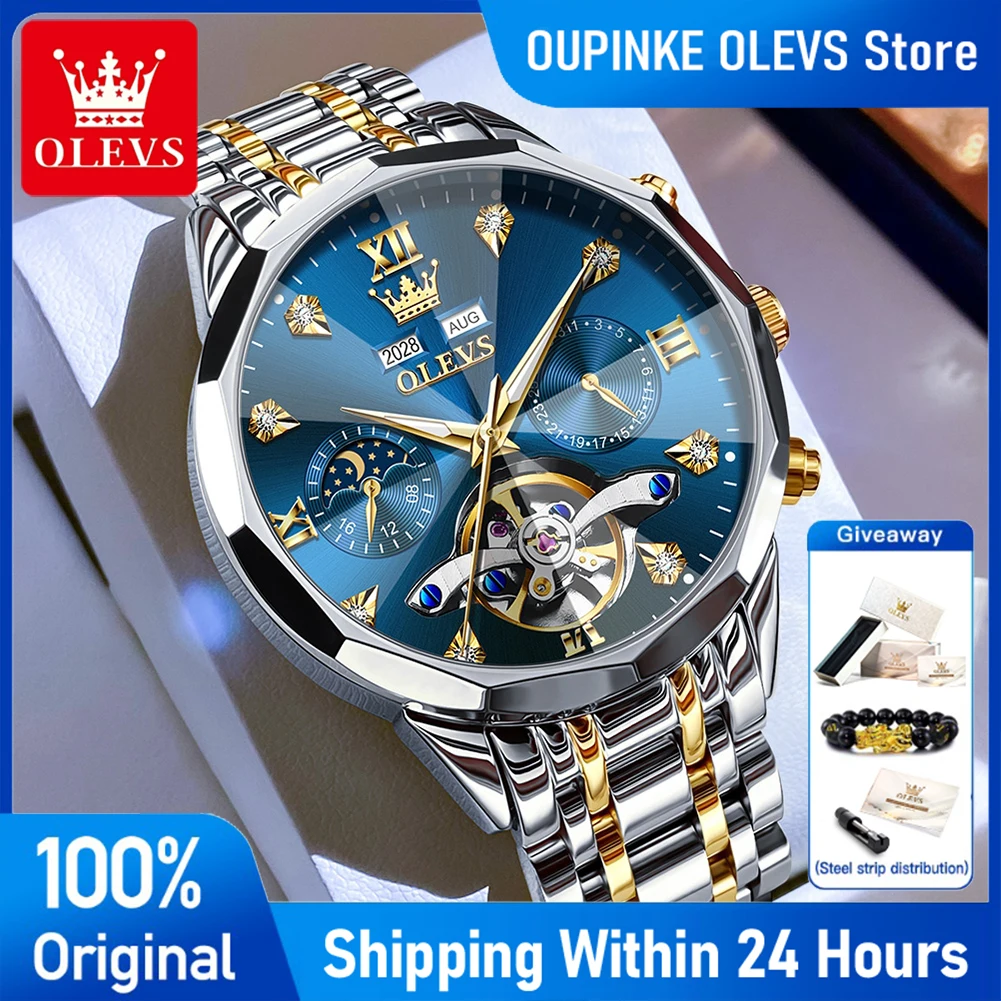 

OLEVS 6621 Mens Watch Luxury Tourbillon Mechanical Watch Waterproof Luminous Perpetual Calendar Moon Phase Watches For Man Gift