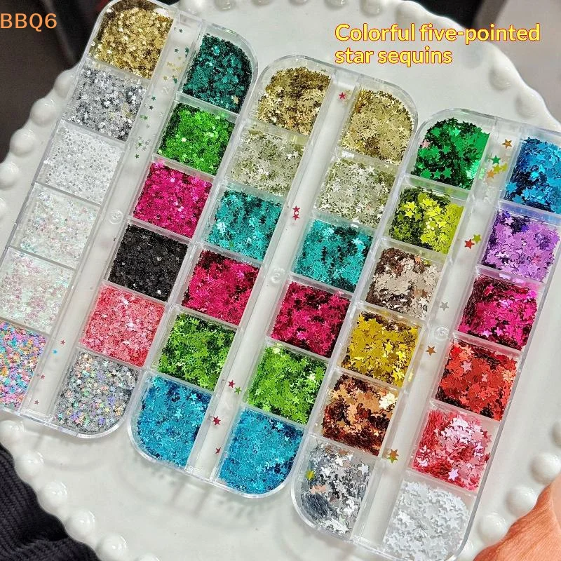 *12 Grids Star Sequin Five-pointed Star Colorful Nail Art Charm Sparkle 3D Nail Rivet Nail Decoration DIY Manicure Accessories
