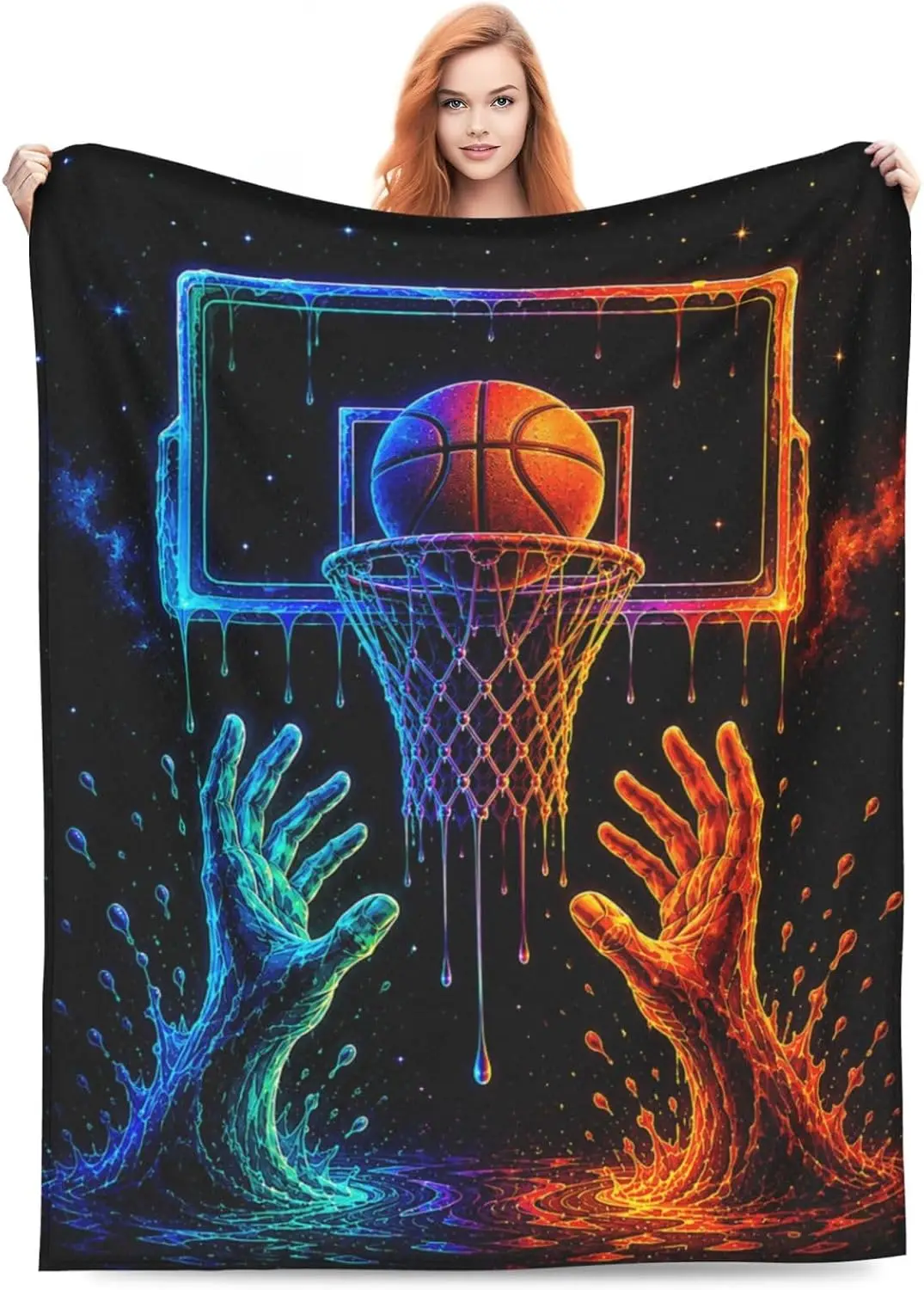 Premium Neon Glow Basketball Sports Throw Blanket Fleece Cover for NBA Lover Game Room Decor Gift Cozy Bedwarming