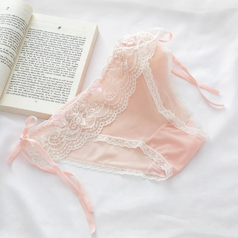 Thin Low Waist Lace Panties Bow Cotton Crotch Lace-up Briefs Lingerie Underwear for Women Female
