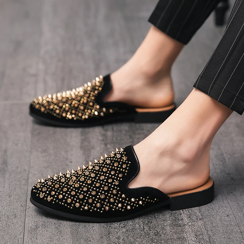 New Men's Half Slippers Gold Punk Rivet Rhinestone Shoes Male Slip On Casual Mules Moccasins Breathable Loafers Zapatos Hombre