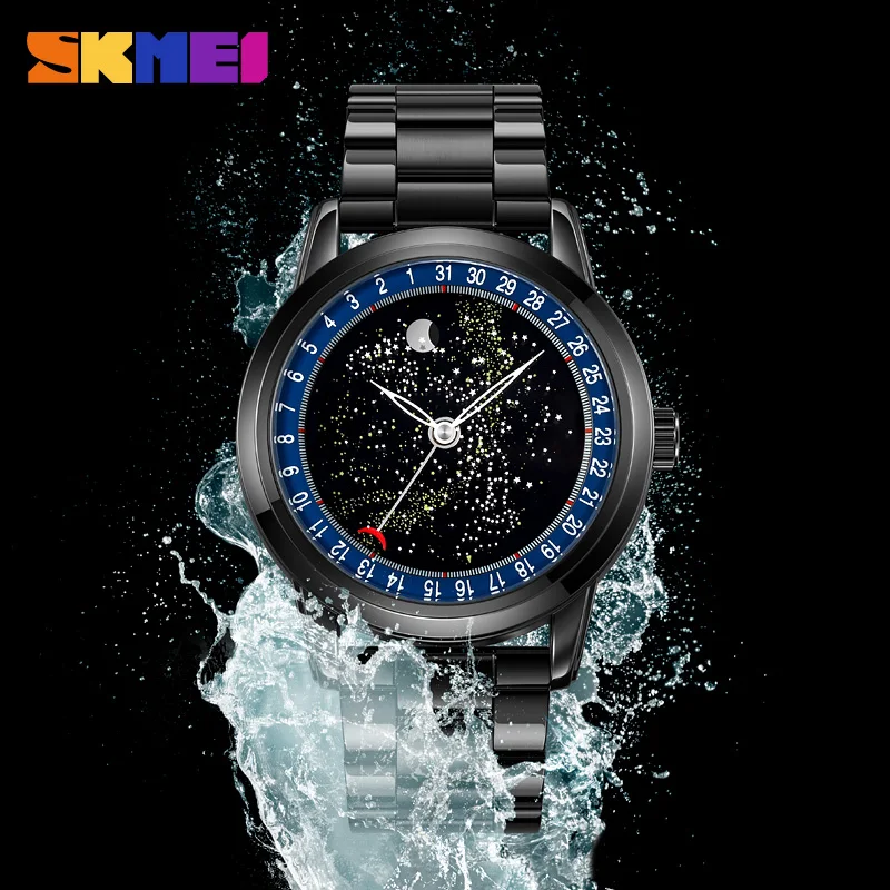 SKMEI-Montre à Quartz de Luxe pour Homme, Bracelet en Acier Inoxydable, Date Phase Lunaire, Décontracté, Étanche, Horloge Masculine