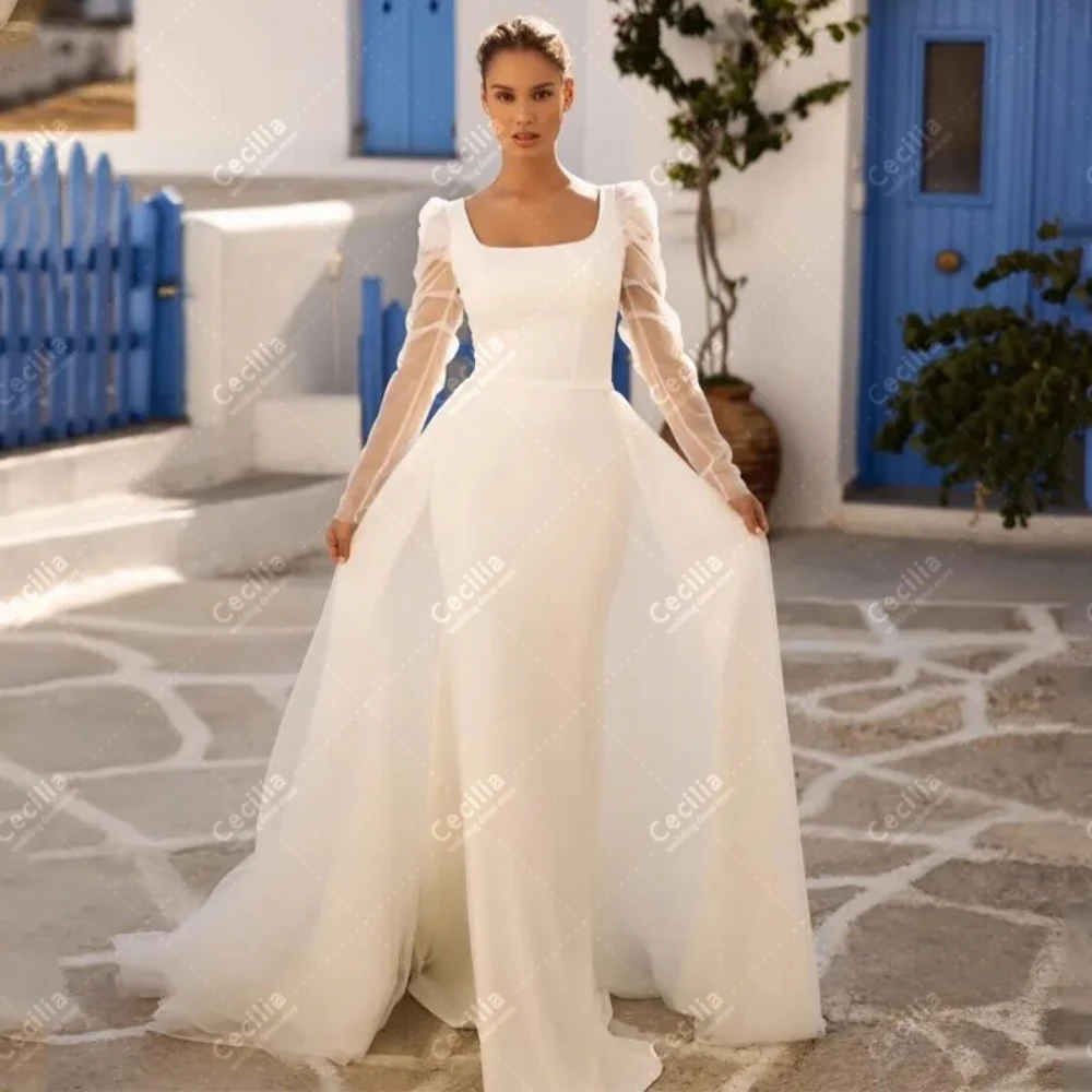 

Illusion Elegant Wedding Dresses A-Line Tulle Tiered Bridal Gowns Square Collar Floor Length Robes Backless Vestidos De Novia