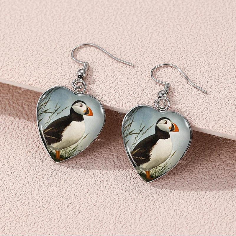 2024 nuevo pendiente colgante de pájaro Puffin pendientes en forma de corazón joyería de cúpula de vidrio hecha a mano