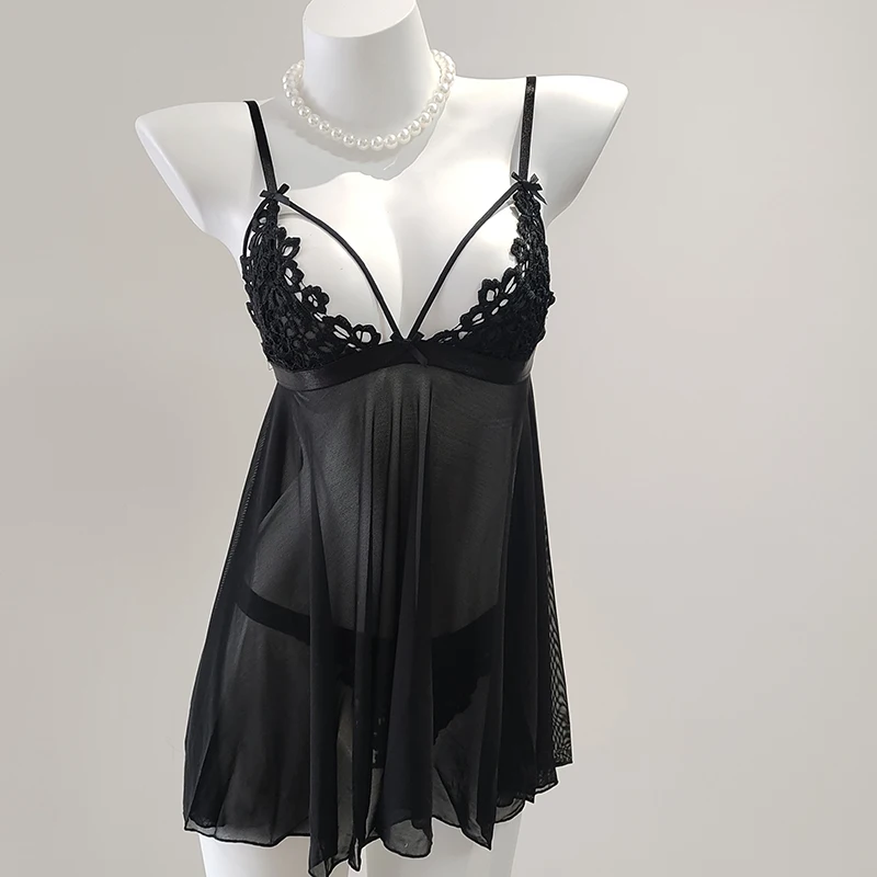 

Sexy French Sleeping Dress Sling Hollow Butterfly Knot Lace Sleepwear Summer Transparent Temptation Babydoll Backless Nightdress