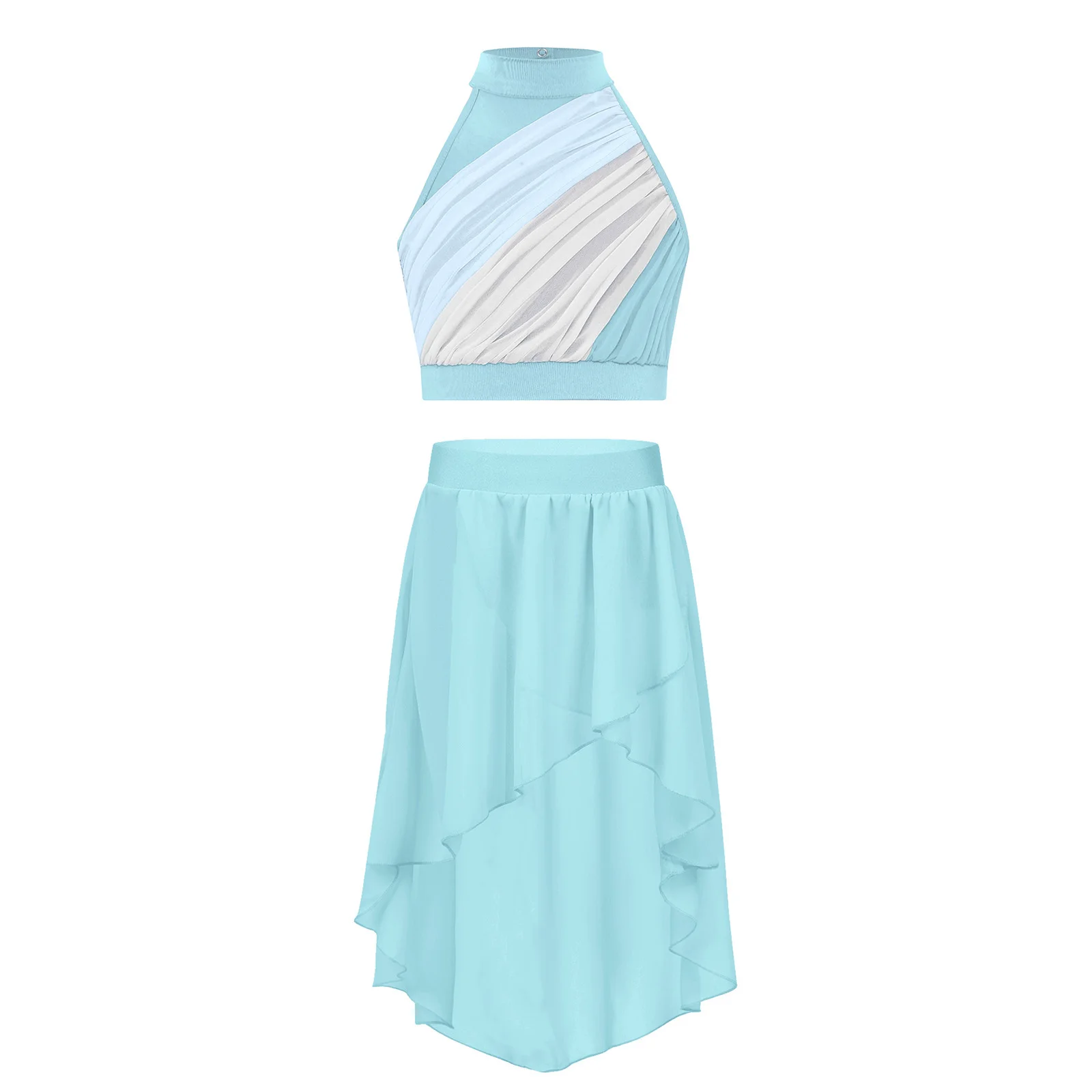 Girls Lyrical Dance Set Sleeveless Crop Top with Split Chiffon Skirt Rhinestones Modern Skating Ballet Performance Dancewear