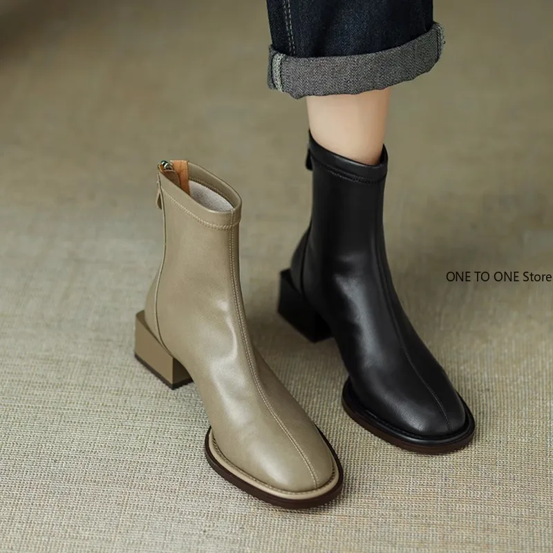 Winter Woman Ankle Boots Fashion Square Toe Ladies Elegant Square Low Heel Short Boots Shoes Black Women\'s Chelsea Boots