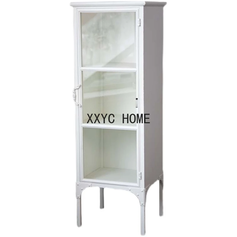 French Country White Iron Sheet Glass Storage Side Cabinet Display Cabinet Living Room Sofa Storage Corner Cabinet