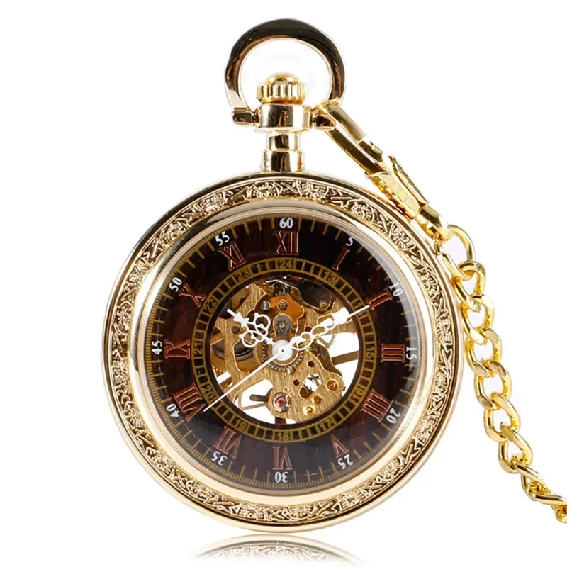 Yellow Gold Pocket Watch Unisex Handwind Mechanical Watches Skeleton Clock Open Face with Pendant Chain Relgio De Bolso