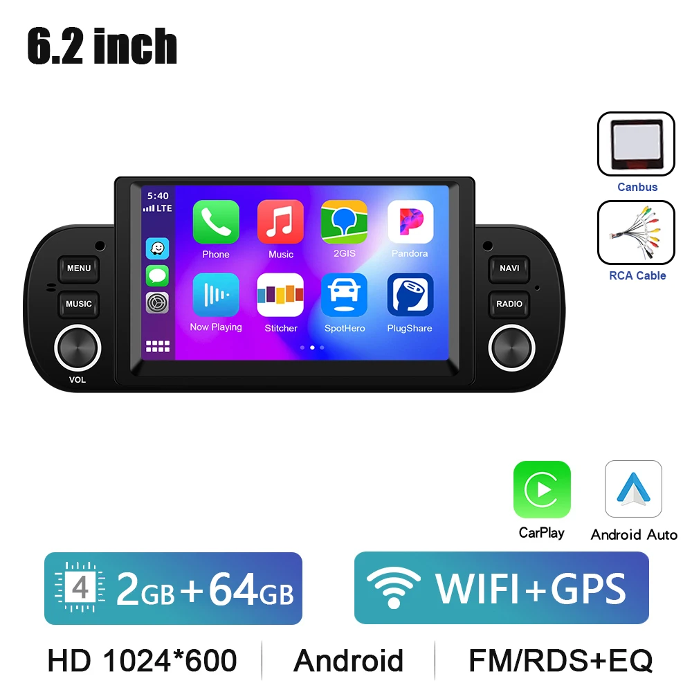 Podofo 6.2 ''CarPlay Android Auto Stereo Radio 2 + 64G Multimedia Speler Met FM GPS Bluetooth WIFI Voor FIAT PANDA 2013-2020